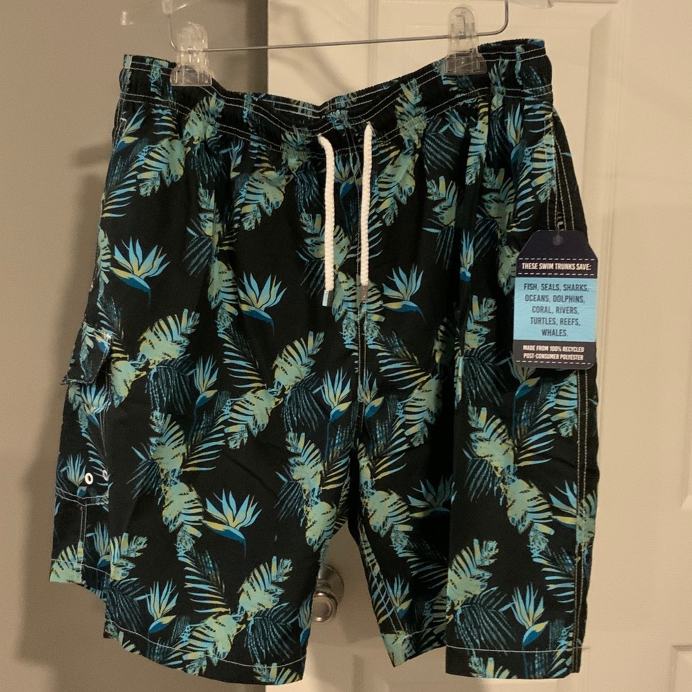 Tropical Blue Leaf Print Men's Swim Shorts